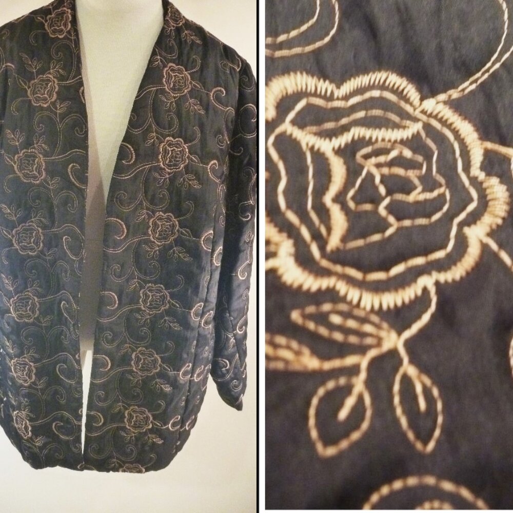 New Maggie Barnes Art to Wear 1X Plus Women Funky Coat Black Embroidered Gold